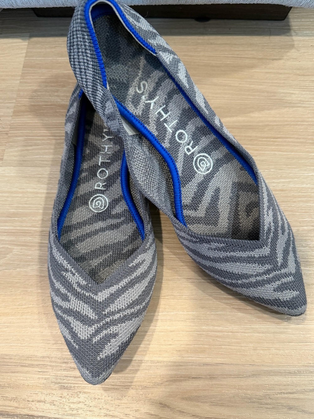 Rothy's Pointed Knit Flat in Gray Zebra with Blue Trim